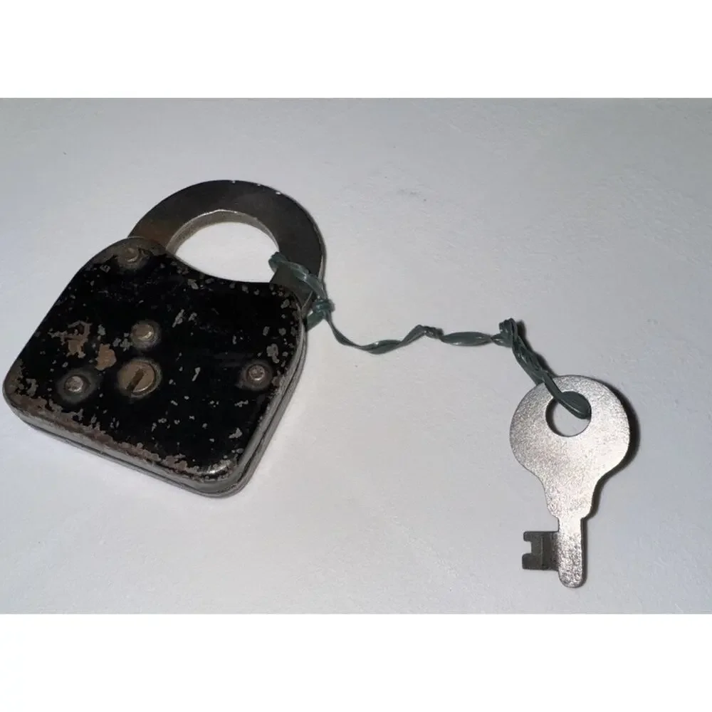 Antique Vintage Black Pressed Steel Padlock W Key Warded Skeleton Lock- Mid Cent